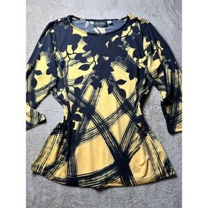 Bob Mackie Wearable Art Yellow Black Abstract Floral 3/4 Sleeve Top Small